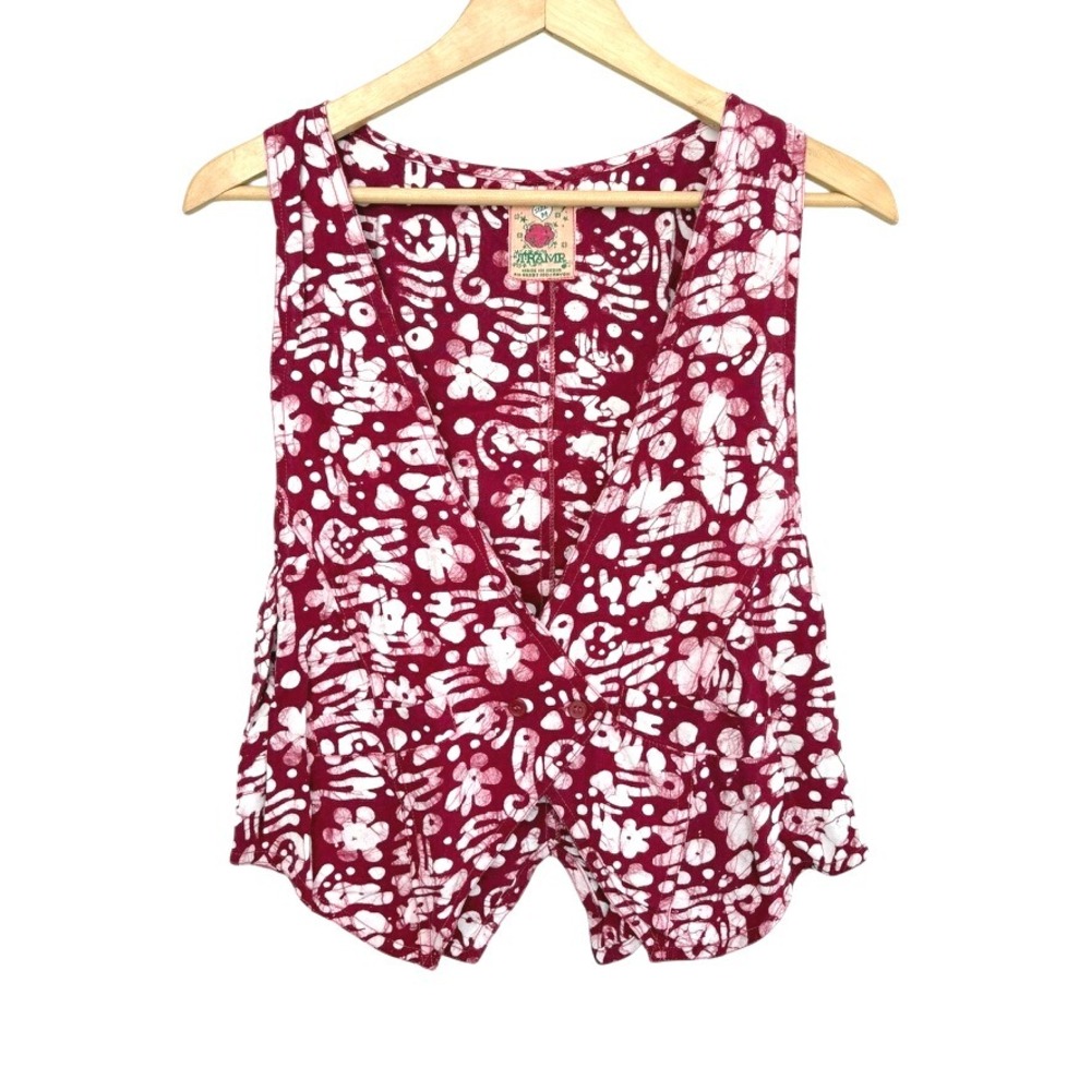 VTG TRAMP Red Rayon Batik Dyed Print Sleeveless V Neck Crop Vest Botanical M